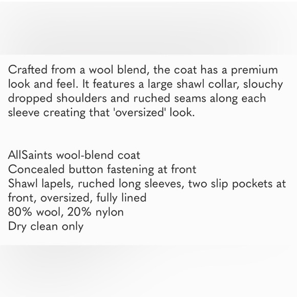 ALLSAINTS Woman’s Wool blend Coat NWOT. - Picture 13 of 16